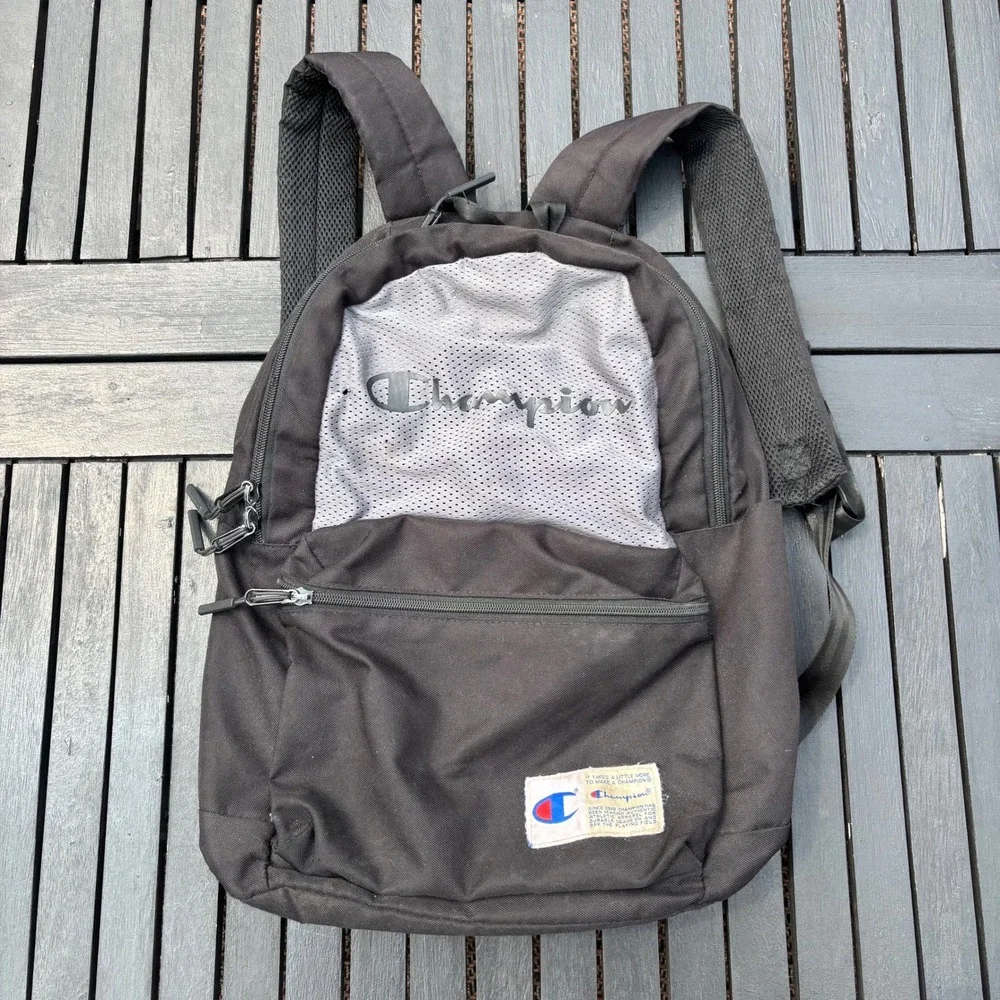 Champion Backpack Unisex OS Black Grey Good Condition Mesh Logo Detail